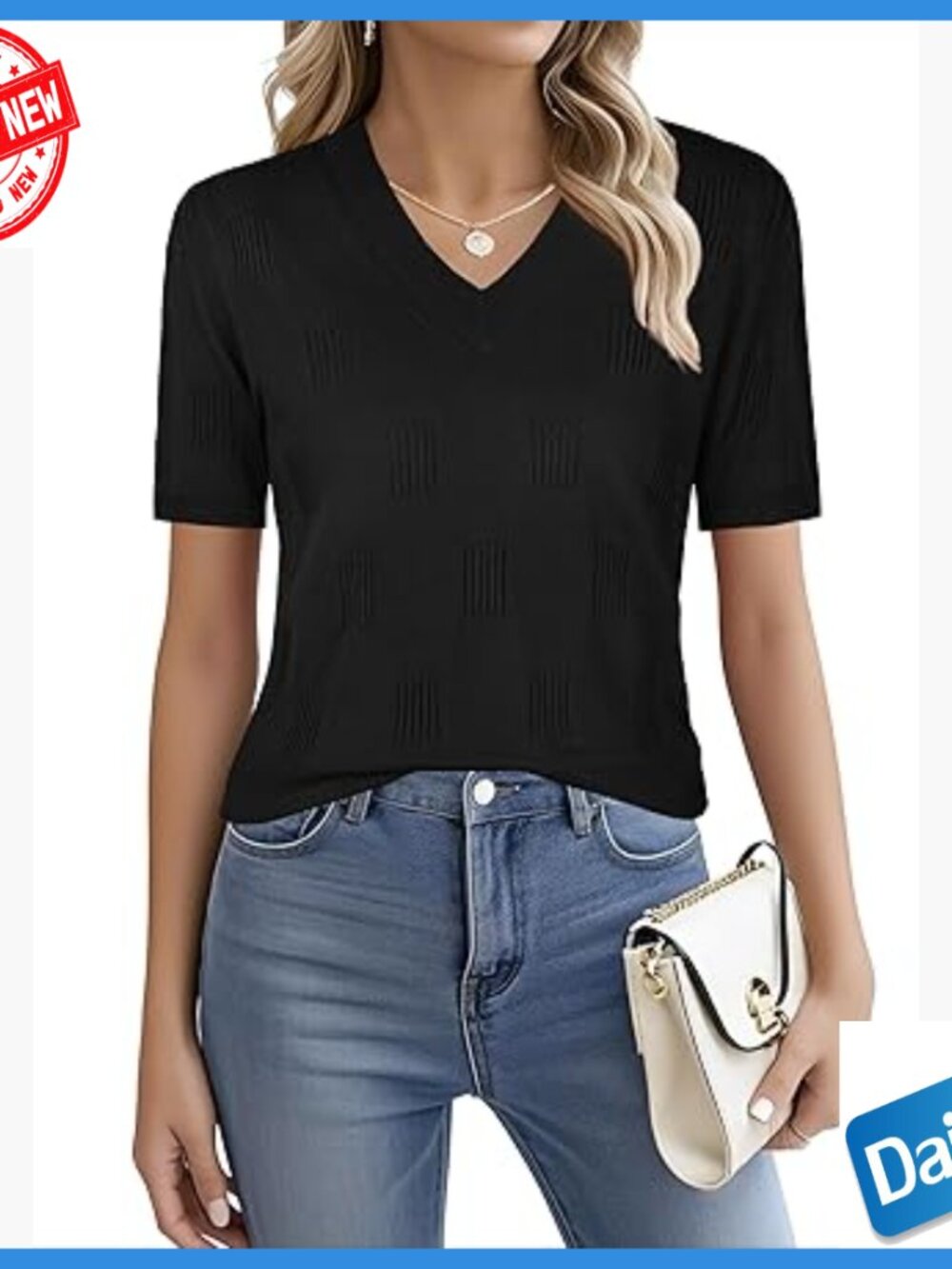 Short Sleeve V-Neck Knit Blouse, Lightweight Stretch Fabric, Dressy Casual Top